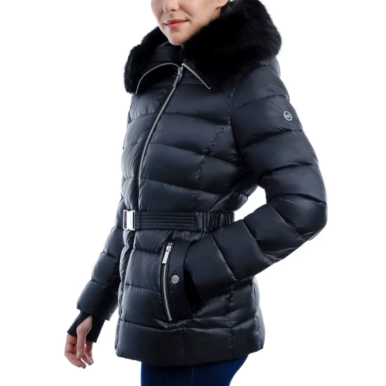 Cheap β€οΈ Michael Kors π© Women's Belted Faux-Fur-Trim Hooded Puffer π§₯ Coat Dark Moss β