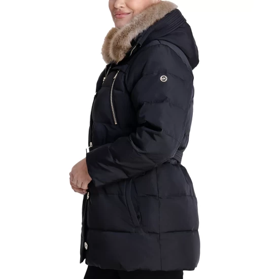 Coupon ⌛ Michael Kors 👩 Women's Plus Size Belted Faux-Fur-Collar Down Puffer 🧥 Coat, Created For Macy's Black 🎉 - Image 4