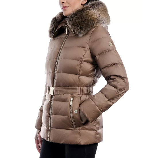 Cheap β€οΈ Michael Kors π© Women's Belted Faux-Fur-Trim Hooded Puffer π§₯ Coat Dark Moss β - Image 2