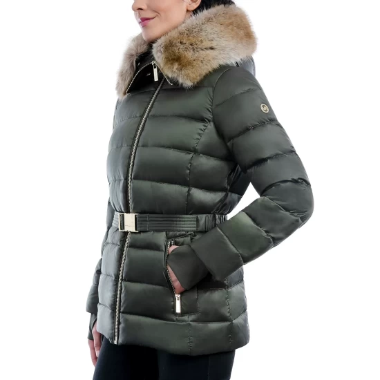 Cheap β€οΈ Michael Kors π© Women's Belted Faux-Fur-Trim Hooded Puffer π§₯ Coat Dark Moss β - Image 3