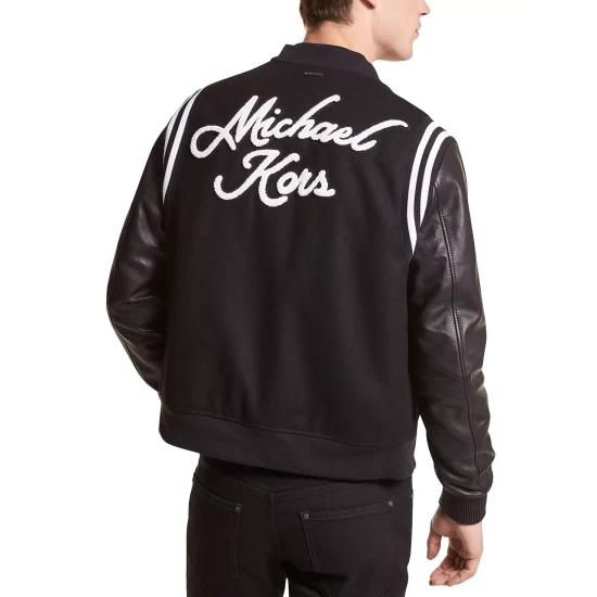 Discount 💯 Michael Kors Men's Leather & Wool Varsity ⚾ Baseball Jacket Charcoal 🤩 - Image 3