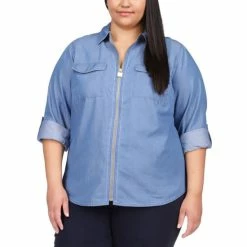Buy ✔️ Michael Kors Plus Size Chambray Zip-Front Collared 👚 Shirt Light Cadet Wash 👍
