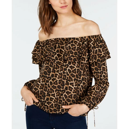 Best Pirce 💯 Michael Kors Cheetah-Print Ruffled Top, Regular & Petite Sizes Leopard 🛒