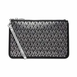 Flash Sale 🥰 Michael Kors Signature Jet Set Charm Large Top Zip Leather Wristlet Black/silver 🔥