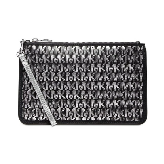 Flash Sale 🥰 Michael Kors Signature Jet Set Charm Large Top Zip Leather Wristlet Black/silver 🔥