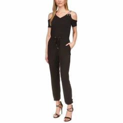 Coupon 🔥 Michael Kors 👩 Women's Chain Cold-Shoulder Jumpsuit Black 🎁