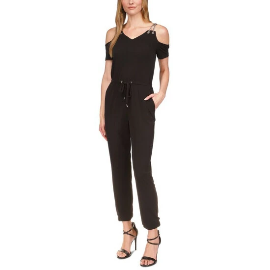 Coupon 🔥 Michael Kors 👩 Women's Chain Cold-Shoulder Jumpsuit Black 🎁
