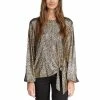 Best Pirce ⌛ Michael Kors 👩 Women's Metallic Cat-Print Tie-Front Top Black/gold 😉