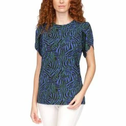 Best Pirce 😀 Michael Kors 👩 Women's Printed Petal-Sleeve Top Royal 🎉