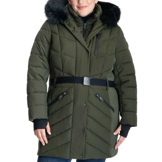 Brand new 🛒 Michael Kors Plus Size Belted Faux-Fur-Trim Hooded Puffer 🧥 Coat, Created For Macy's Olive 🎁
