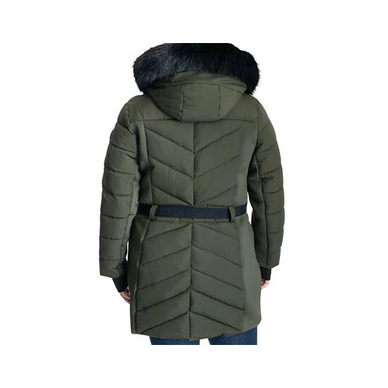 Brand new 🛒 Michael Kors Plus Size Belted Faux-Fur-Trim Hooded Puffer 🧥 Coat, Created For Macy's Olive 🎁 - Image 2
