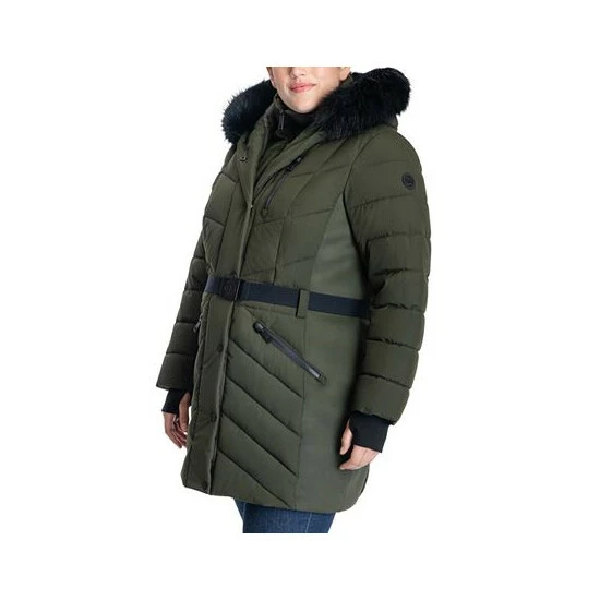 Brand new 🛒 Michael Kors Plus Size Belted Faux-Fur-Trim Hooded Puffer 🧥 Coat, Created For Macy's Olive 🎁 - Image 3