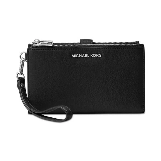 Promo โจ Michael Kors Adele Double-Zip Pebble Leather Phone Wristlet Black/silver ๐งจ
