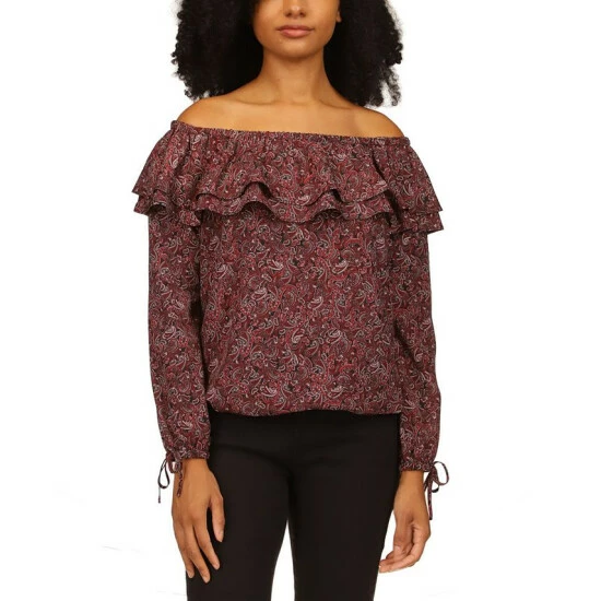 Outlet ๐ฏ Michael Kors ๐ฉ Women's Pop Paisley Off-The-Shoulder Top, Regular & Petite Royal Pink Paisley ๐งจ