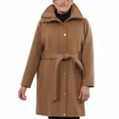 Discount π Michael Kors Plus Size Belted Funnel-Neck π§₯ Coat, Created For Macy's Dark Camel π
