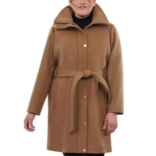Discount 🔔 Michael Kors Plus Size Belted Funnel-Neck 🧥 Coat, Created For Macy's Dark Camel 👍
