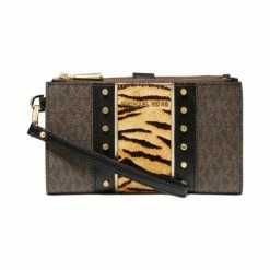 Hot Sale 😉 Michael Kors Signature Calf Hair Jet Set Double Zip Wristlet Brown Multi ✔️