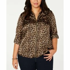 New โจ Michael Kors Plus Size Animal-Print Zip-Front Collared Top Leopard ๐ฅฐ