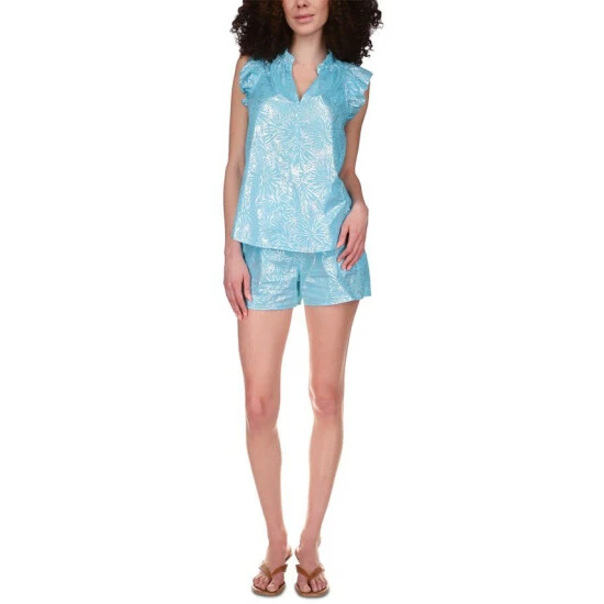 Best deal 👏 Michael Kors Cotton Foil-Print Ruffled Top Turquoise ⭐