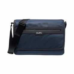 Promo ✔️ Michael Kors Men's Solid Gabardine Logo Messenger Bag Navy ⌛