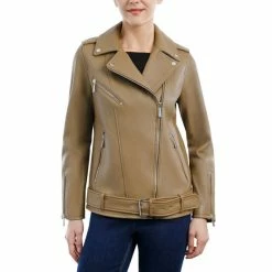 New ❤️ Michael Kors 👩 Women's Oversized Leather Moto 🧥 Coat, Created For Macy's Husk 🔥