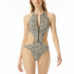 Cheapest β€οΈ Michael Kors π© Women's Printed Zip-Front One-Piece π©± Swimsuit Bone π₯