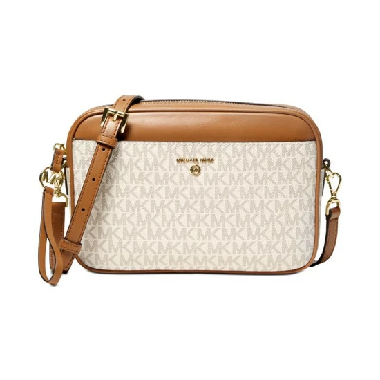 Deals π Michael Kors Signature Jet Set Charm Large East West Camera Crossbody Vanilla/acorn/gold β€οΈ