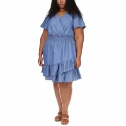 Cheap ๐ Michael Kors Plus Size Ruffled Faux-Wrap ๐ Dress Light Cadet Wash ๐