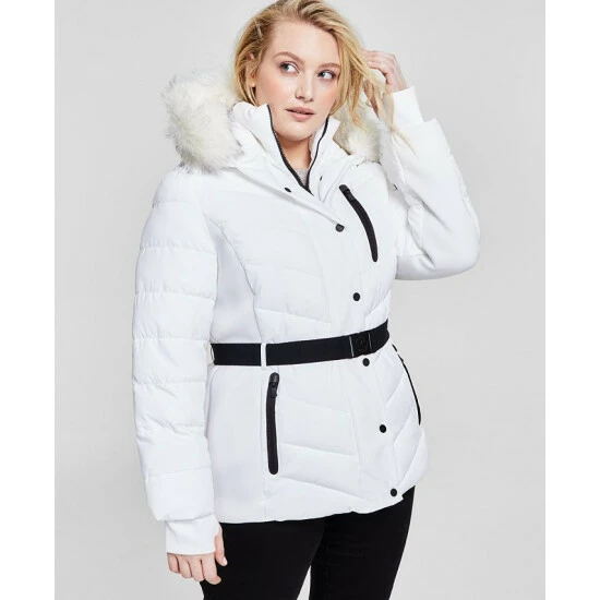 Coupon 💯 Michael Kors 👩 Women's Plus Size Faux-Fur-Trim Hooded Puffer 🧥 Coat, Created For Macy's White 💯