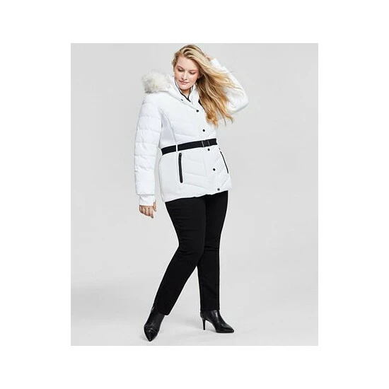 Coupon 💯 Michael Kors 👩 Women's Plus Size Faux-Fur-Trim Hooded Puffer 🧥 Coat, Created For Macy's White 💯 - Image 3