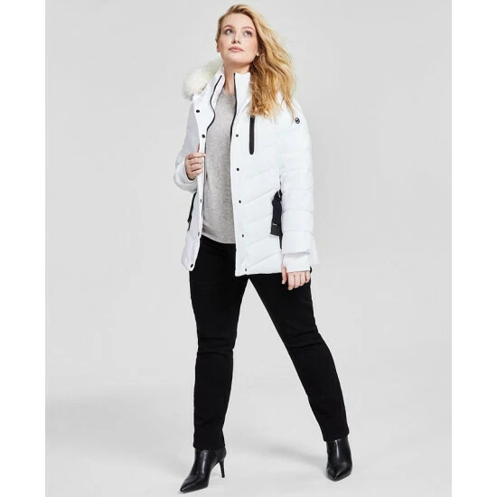 Coupon 💯 Michael Kors 👩 Women's Plus Size Faux-Fur-Trim Hooded Puffer 🧥 Coat, Created For Macy's White 💯 - Image 4
