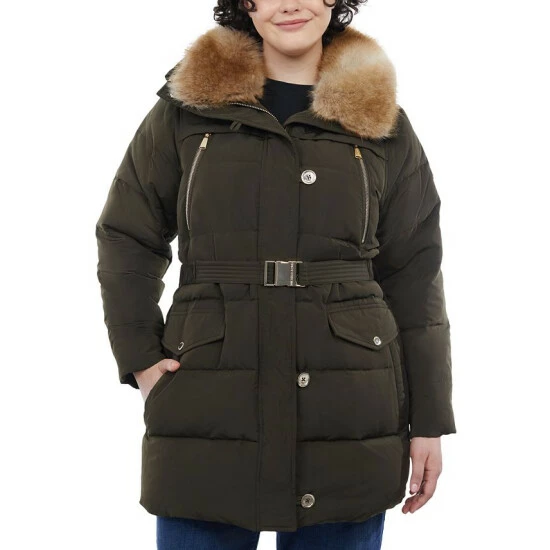 Coupon ⌛ Michael Kors 👩 Women's Plus Size Belted Faux-Fur-Collar Down Puffer 🧥 Coat, Created For Macy's Black 🎉