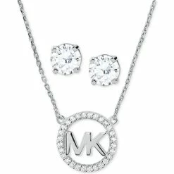 Budget ❤️ Michael Kors Sterling Silver Crystal Logo Pendant Necklace & Stud Earrings Set, 16 + 2 Extender 👏