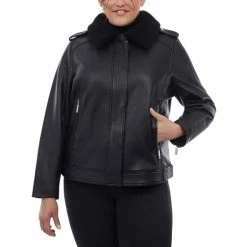 Flash Sale 🔥 Michael Kors Plus Size Faux-Fur-Collar Leather Moto Jacket, Created For Macy's Black ✔️