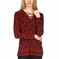 Best deal π€© Michael Kors Petite Lace-Print Lace-Up Long-Sleeve Top Crimson β