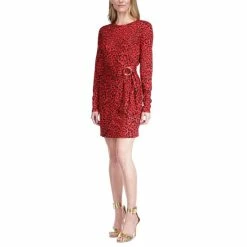 Flash Sale 🔔 Michael Kors 👩 Women's Cat-Print Faux-Wrap T-Shirt 👗 Dress Crimson ⌛