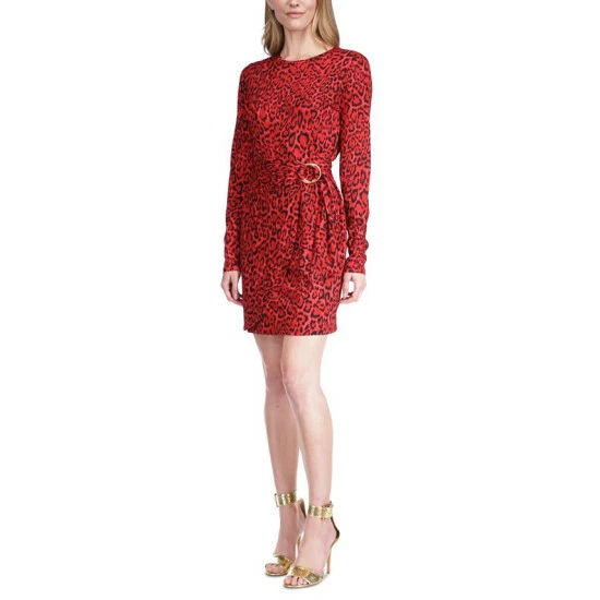Flash Sale 🔔 Michael Kors 👩 Women's Cat-Print Faux-Wrap T-Shirt 👗 Dress Crimson ⌛