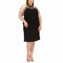 Deals 👍 Michael Kors Plus Size Rhinestone-Detail Halter 👗 Dress Black 😍