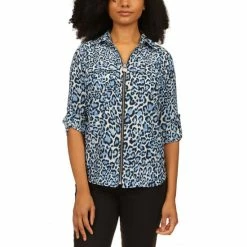 New ❤️ Michael Kors Wildcat-Print Zip-Front Top, Regular & Petite Sizes Tide Blue ✔️