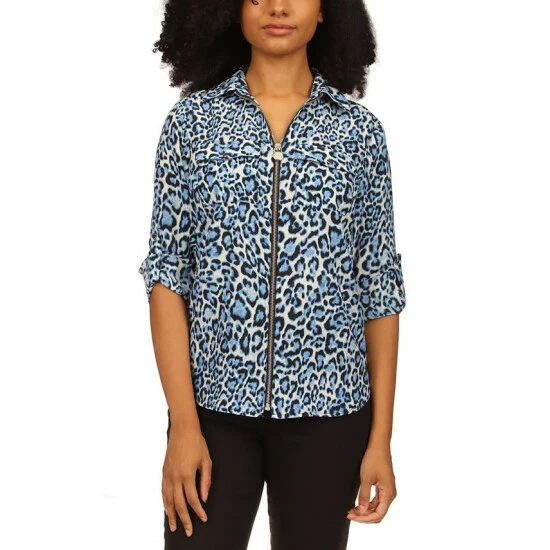 New ❤️ Michael Kors Wildcat-Print Zip-Front Top, Regular & Petite Sizes Tide Blue ✔️