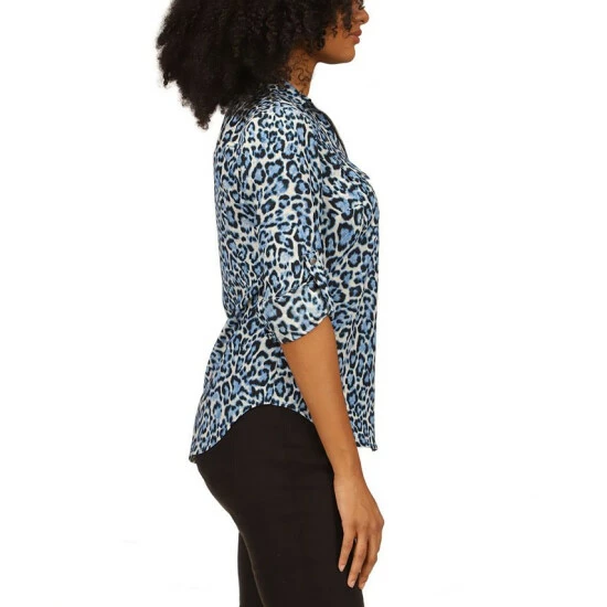 New ❤️ Michael Kors Wildcat-Print Zip-Front Top, Regular & Petite Sizes Tide Blue ✔️ - Image 4