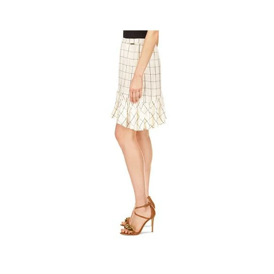 Coupon ⌛ Michael Kors 👩 Women's Ruffled Asymmetric 👗 Skirt White Plaid 🎉 - Image 3