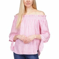 Coupon ๐ฅฐ Michael Kors Striped Tie-Sleeve Off-the-Shoulder Top, Regular & Petite Cerise โค๏ธ
