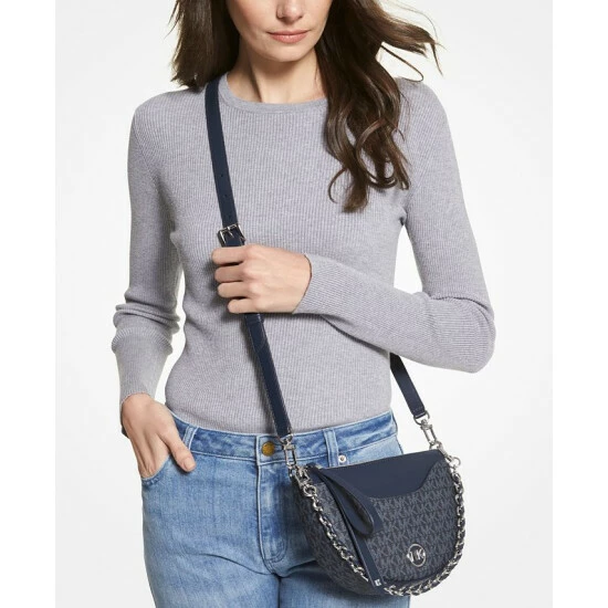 Hot Sale 👏 Michael Kors Signature Dover Small Half Moon Pouchette Admiral/pale Blue ✔️ - Image 4