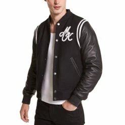 Discount 💯 Michael Kors Men's Leather & Wool Varsity ⚾ Baseball Jacket Charcoal 🤩