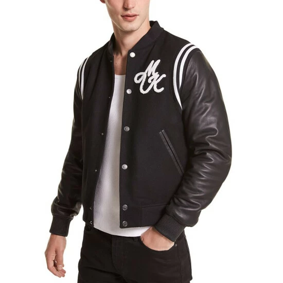 Discount 💯 Michael Kors Men's Leather & Wool Varsity ⚾ Baseball Jacket Charcoal 🤩