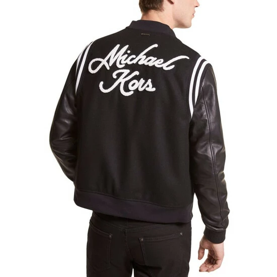 Discount 💯 Michael Kors Men's Leather & Wool Varsity ⚾ Baseball Jacket Charcoal 🤩 - Image 2