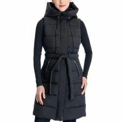 Wholesale 🛒 Michael Kors 👩 Women's Petite Faux-Leather-Trim Hooded Belted Vest Black 🌟