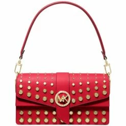 Cheap 👏 Michael Kors Greenwich Medium Studded Leather Convertible Shoulder Bag Crimson 💯
