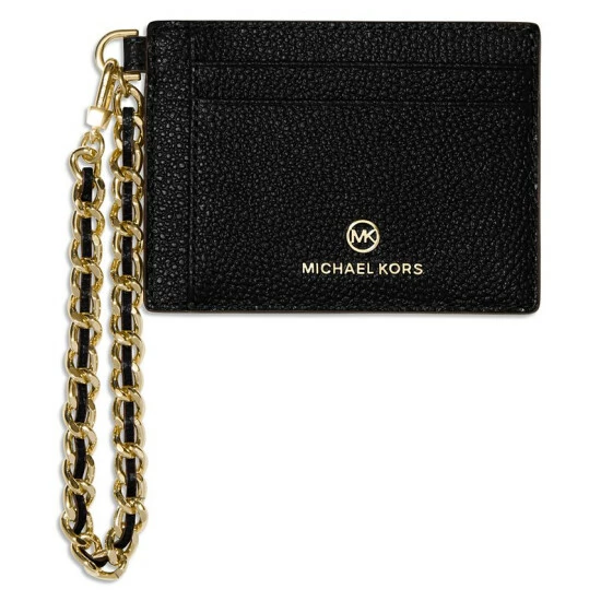 Outlet 😀 Michael Kors Jet Set Charm Small ID Chain Leather Card Holder Black/silver ⌛